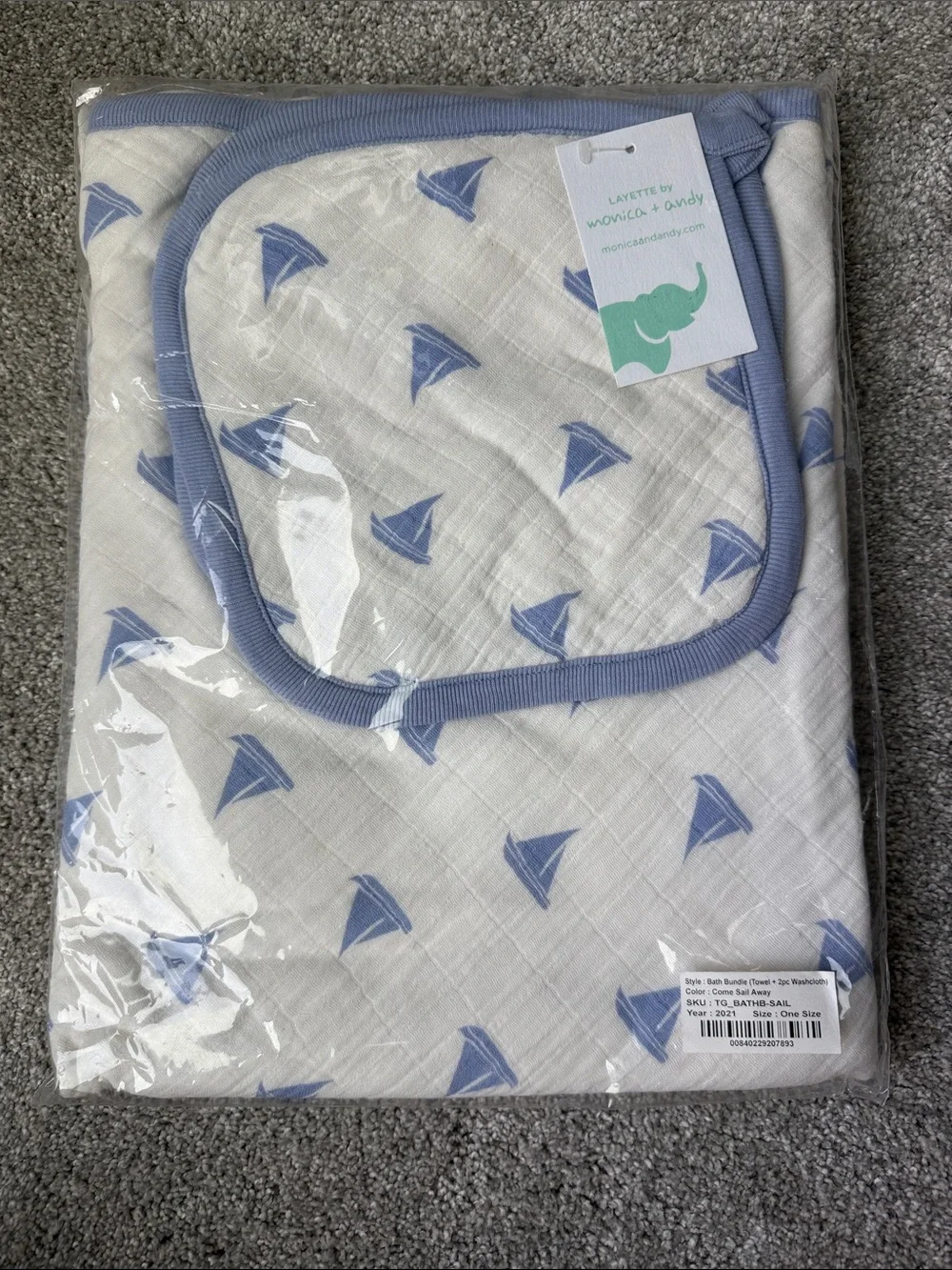 Monica + Andy- Bath Bundle Come Sail Away, Towel, Two Washcloths, Organic Cotton